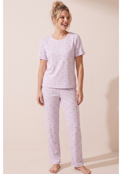 Siyah İnci Pamuklu Fitilli Kaşkorse Örme Pijama Takım 26120402 Lila Mor Çiçek