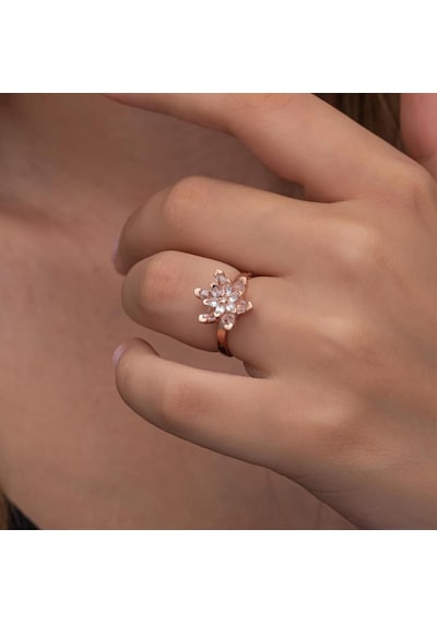 Pembe Lotus Çiçeği Rose Gümüş Kadın Yüzük