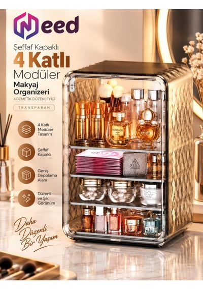 Need Dolap Tasarımlı Şeffaf Kapaklı Makyaj Organizeri Gold Transparan - Nd-8095-tpb