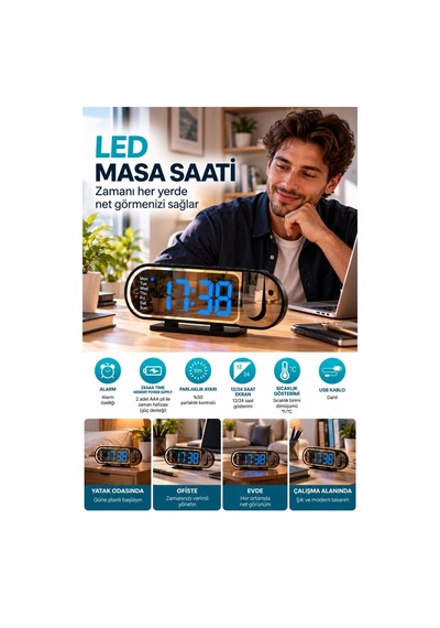 Modern Dijital Led Masa Saati Alarm Özellikli 12 24 Saat Seçenekli Sıcaklık Göstergeli Ekran .