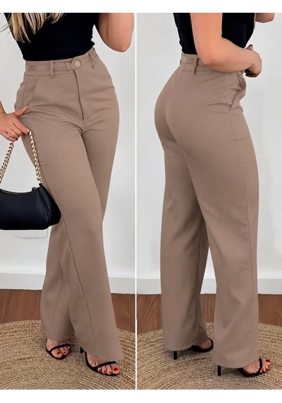 DefyModa Kadın Yüksek Bel Kemersiz Atlas Pantolon Sütlü Kahve