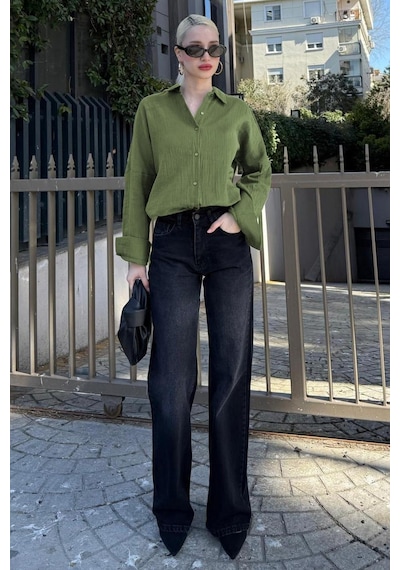 Madmext Yeşil Muslin Kumaş Basic Kadın Gömlek Mg1660 Yeşil