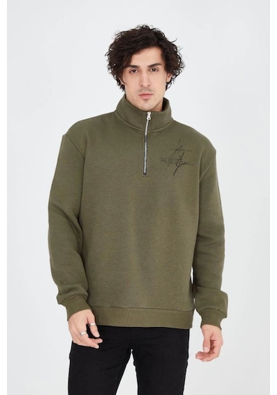 Erkek Yarım Fermuarlı Baskılı 3 İplik Pamuklu Sweatshirt - Yeşil