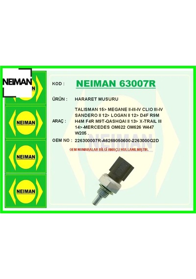 Hararet Müşürü Renault Talısman 15 Megane Iı-ııı-ıv Clıo Iıı-ıv Sandero Iı 12 Logan Iı 12 Nıssan A6269050600