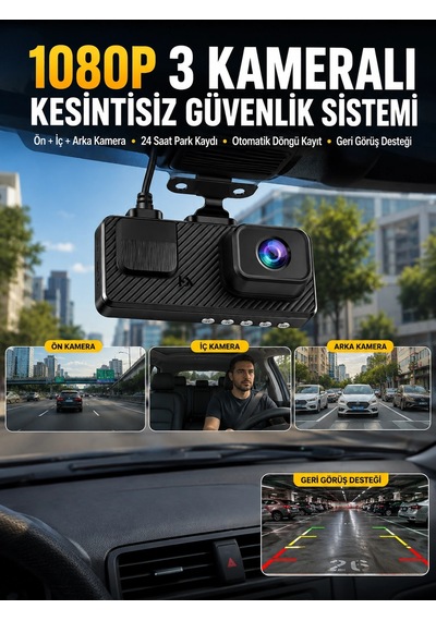 3 Kameralı Araç İçi Dvr Kayıt Cihazı Ön İç Arka Kamera Full Hd 06443685