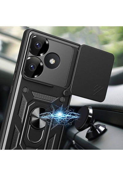 Xiaomi Poco F6 Kılıf Magnetik Standlı Kamera Korumalı Zore Sürgülü Vega Kapak Siyah