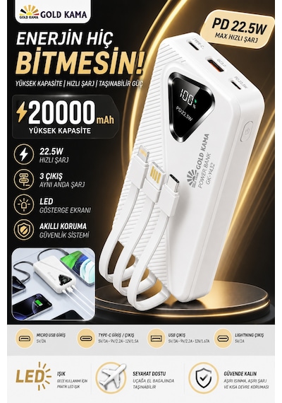 Gold Kam A 20000mah Powerbank 22.5w Hızlı Şarj Dahili Kablolu Taşınabilir Şarj Cihazı siyah
