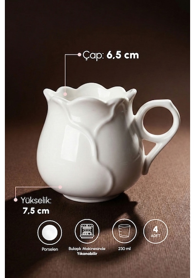 Pure Rose 4'lü Saf Beyaz Porselen 230 Ml Kupa Seti Beyaz Beyaz