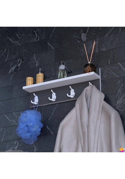 Modilayn Kedi Serisi 3 Lü Banyo Askısı Seti 46,4x18 Cm 12 Kancalı Raflı Düzenleyici Yer Tasarrufu. Beyaz