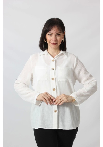 Moda Berray Bb-077 Beyaz Pamuk Keten Kolu Apoletli İki Cepli Kadın Büyük Beden Gömlek Beyaz