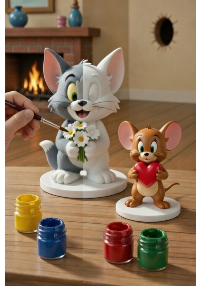 Tom Ve Jerry Figür Boyama Seti 2 Figür 6 Renk Boya 2 Fırça Kendin Boya Hobi Seti