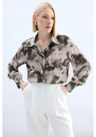 Sateen Desenli Gömlek - Kahve-136914 kahve