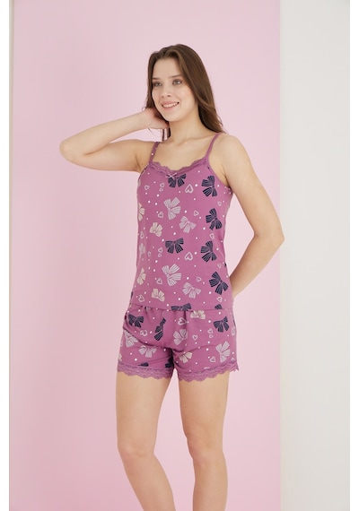 Street Beauty 7055-20 Bamboo Lila Üzeri Çiçek Kalp Şort Takım Pembe