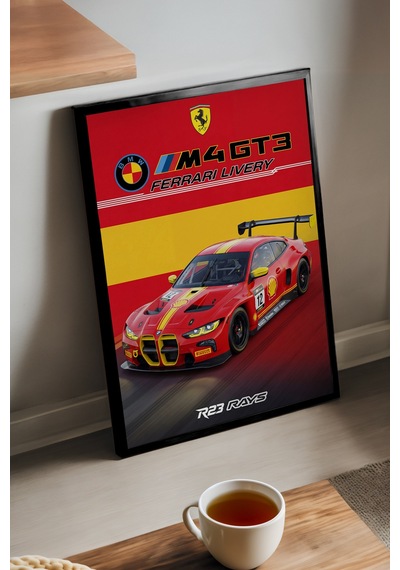 Bmw M4 Gt3 Siyah Ahşap Çerçeveli Poster, Dekoratif Araba Duvar Tablosu
