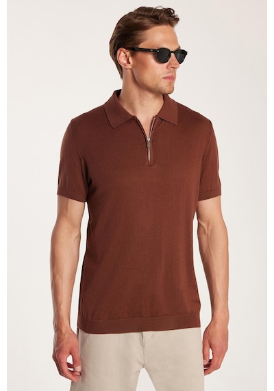 Tudors Erkek Slim Fit Dar Kesim Pamuklu Örme Triko Fermuarlı Kahverengi Polo Yaka Tişört-33747 Kahverengi