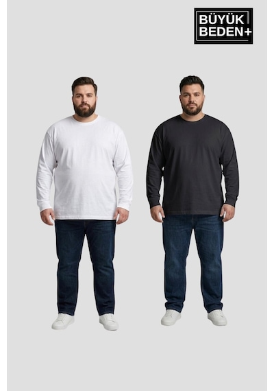 Superlife Erkek Büyük Beden 2'li Set Uzun Kollu 2 İplik Bisiklet Yaka Tişört Spr26bts542+2 Beyaz - Siyah Superlife Erkek Büyük Beden 2'li Set Uzun Kollu 2 İplik Bisiklet Yaka Tişört Spr26bts542+2 Beyaz - Siyah