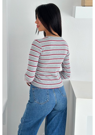 Noa & Noa Kadın Çizgili Düğme Detaylı Bluz Retro Stripe Kırmızı