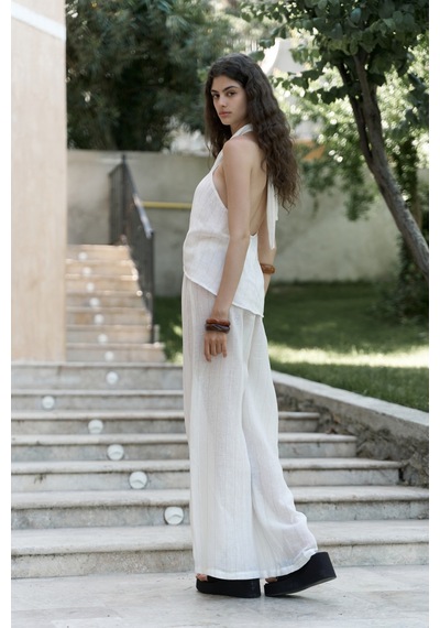 Mai Collection Mai Studios Co. Cadhas Boyundan Bağlamalı Ekru Crop Pantolon Takım Ekru