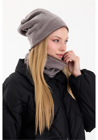 Butikgiz Kadın Dış Kısım Polar, İç Kısım Kaşkorse Pamuklu, Çift Renk, Çift Kat, Katlanabilir Bere Boyunluk Set Gri-kahverengi