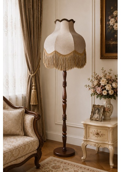 Vizon Kadife Başlık Kahve Ahşap Ayaklı Lambader Vintage Model 170x45cm