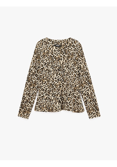 Koton Slim Bisiklet Yaka Uzun Kollu Leopar Desenli Peplum Hırka Bej Desenli 7wak30126ek Ekru