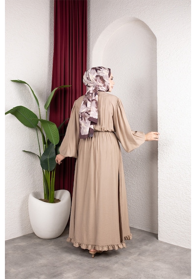 Hira Life Fashion Kadın Çilek Kumaş Ve Önü Düğmeli Eteği Fırfırlı Hakim Yaka Elbise Bej Bej