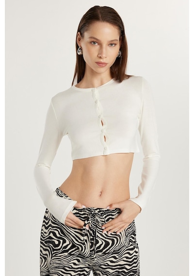Tudors Kadın Slim Fit Dar Kesim Uzun Kollu Bisiklet Yaka Ekru Hırka-33819 Ekru