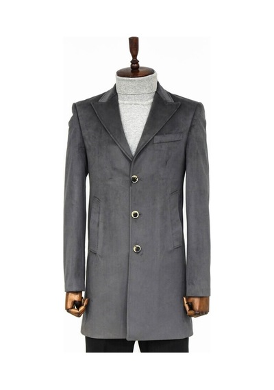 Wessi Süet Slim Fit Uzun Gri Erkek Kaban 001