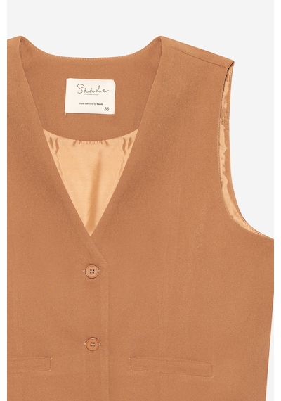 Saade Sââde Kadın V Yaka Düğmeli Klasik Dokuma Blazer Yelek Camel