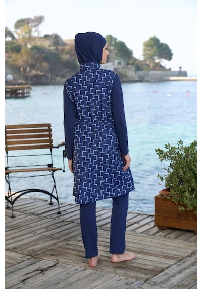 Estiva 25944 Lacivert Fermuarlı Geometrik Desenli Tam Boy Tesettür Mayo Lacivert