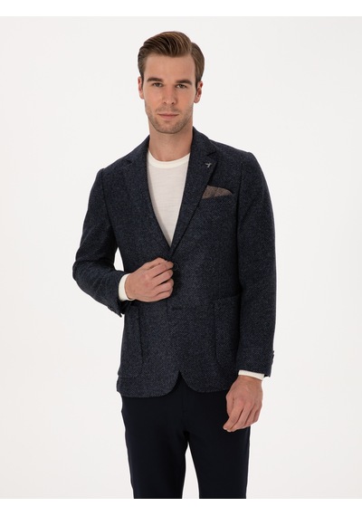 Cacharel Lacivert Slim Fit Yün Karışımlı Flanel Görünümlü Ceket