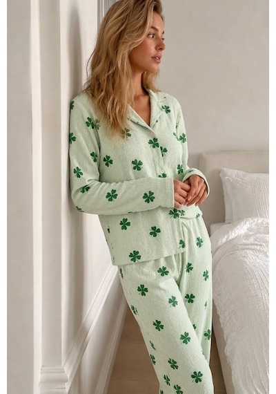Womanandkids Yeşil Kadın Desenli Düğmeli Uzun Kollu Pijama Takımı