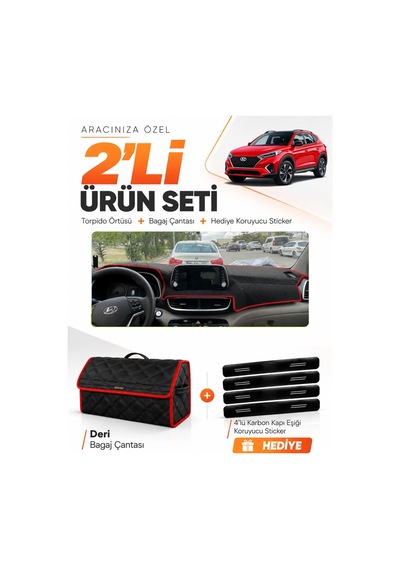 Hyundai Tucson 2018-2021 Uyumlu Torpido Örtüsü + Deri Bagaj Çantası + Sticker Seti - Siyah Kırmızı