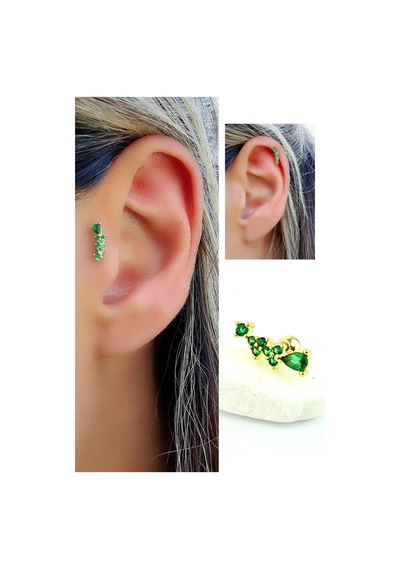 Yeşil Zirkon Taşlı 925ayar Gümüş Üzerine Altın Kaplama Tragus Ve Helix Kikirdak Piercing Altın