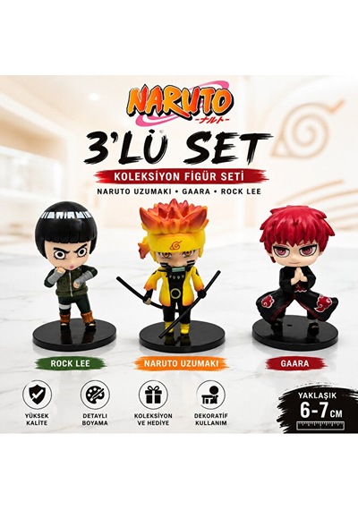 Naruto Uzumaki Gaara Rock Lee 3'lü Anime Koleksiyon Figür Seti 6-7 Cm