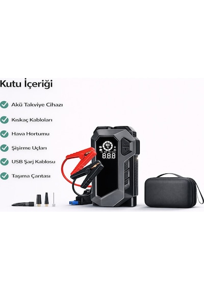 Q18b Akü Takviye Cihazı 12000mah Powerbank, Hava Kompresörü Lastik Şişirme 4 Ü 1 Arada Jump Starter