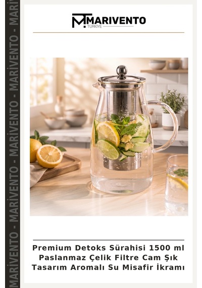 Premium Sürahisi 1500 Ml Paslanmaz Çelik Filtre Cam Şık Tasarım Aromalı Su Misafir İkramı