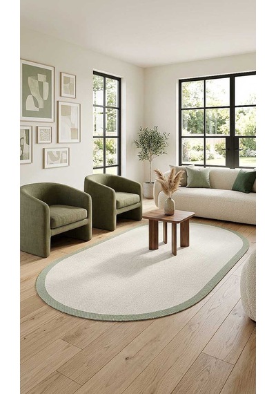 Natura Sisal Hasır Görünümlü Çerçeveli Oval Halı Ntr15 Yeşil-krem
