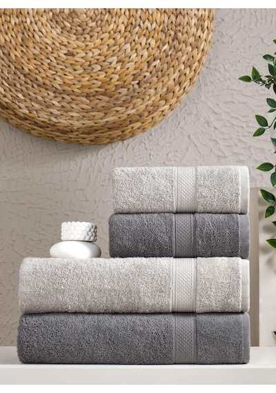 Softtouch %100 Pamuklu 4 Lü Banyo Havlu Seti Hamam Ve Çeyiz Takımı Antraist - Gri Açık Gri - Antrasit