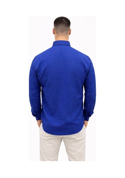 Wear Vexel Erkek Keten Kumaş Uzun Kollu Regular Fit Gömlek - Saks Mavisi Çok Renkli