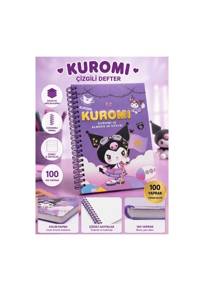 Sevimli Kuromi ,my Melody Karakter Tasarımlı Çizgili 100 Yaprak Spiralli Okul Not Defteri Mor Mor