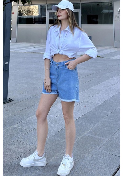 WeShaya Kadın Mavi Püsküllü Paça, Yüksek Bel, Rahat Denim-kot Şort Açık Mavi