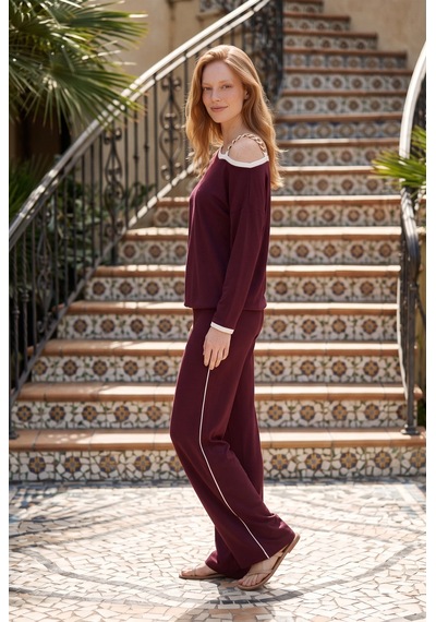 Soulshae Kadın Dabıl Örme Askılı Tek Omuz Bluz Pantolon Takım Bordo