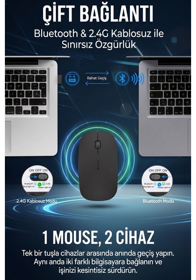 Ultra Slim Sessiz Tıklama Bluetooth Şarjlı 2.4ghz Kablosuz Mouse 1600dpi Siyah 69113 - 934910159 Diğer