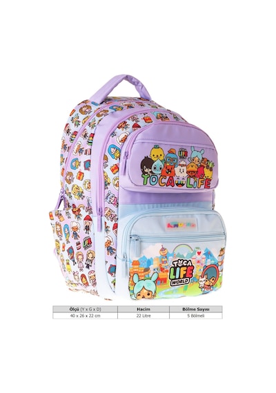 Kaukko Kids Beş Bölmeli Kız Çocuk Toca Life Baskılı Lila - Turkuaz İlkokul Okul Sırt Çantası - L5338 Çok Renkli