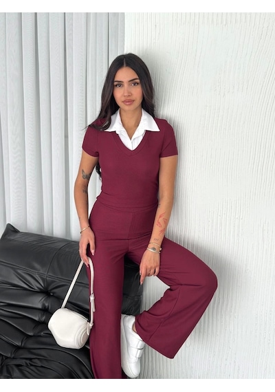 Kazax Ottoman Kumaş Beyaz Gömlek Yaka Takım S4142 Bordo