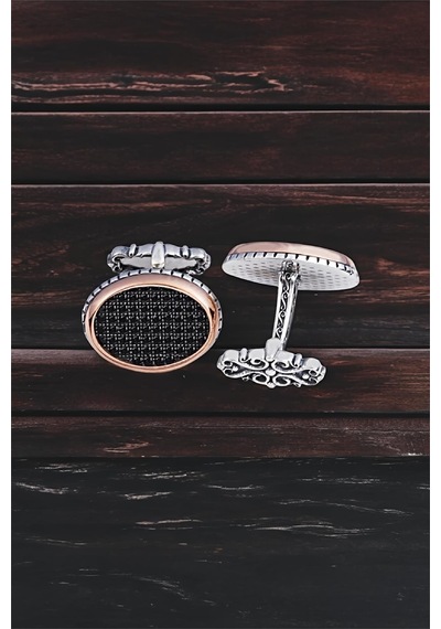 Gümüş Siyah Zirkon Taşlı Oval Tasarım Kol Düğmesi -5766 Gümüş