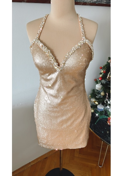 Chica Rosa Fashion Dore Swarowskı İşlemeli Parti Elbisesi Altın