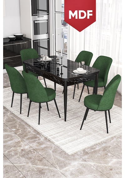 Canisa Kor Serisi, Siyah Mermer Desen MDF 70x114 Açılabilir Yemek Masası Takımı, 6 Sandalye Masa Siyah Mermer Desen Sandalye Haki Canisa Kor Serisi, Siyah Mermer Desen MDF 70x114 Açılabilir Yemek Masası Takımı, 6 Sandalye Masa Siyah Mermer Desen Sandalye Haki