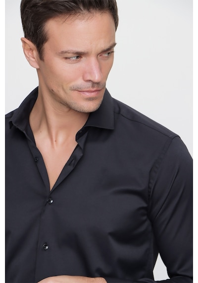 Morven Erkek Siyah Slim Fit Dar Kesim Düz Sert Yaka Uzun Kollu Gömlek Siyah